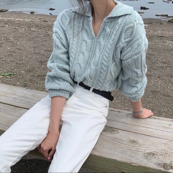 Cable knit sweater collar knit cable knit gray blue long sleeve - Picture 5 of 5